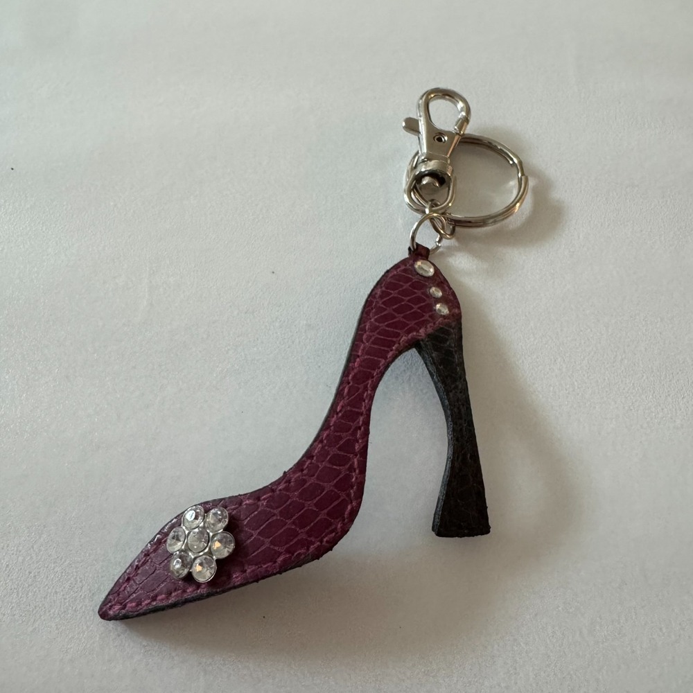 Shoe Shape Faux Leather Keychain Key Ring Purse Bag Charm Purple with Rhinestone